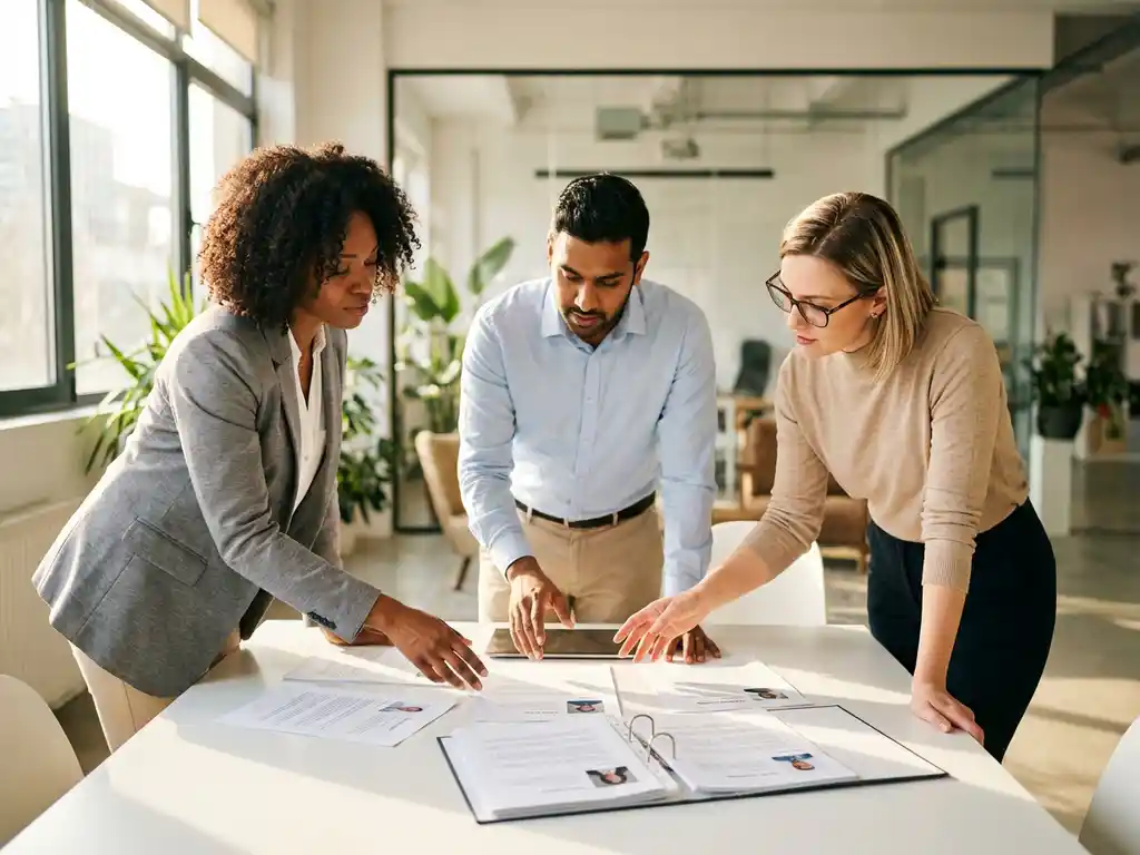 Drie diverse professionals bespreken sollicitatieprocedures rond witte vergadertafel met cv's en functieomschrijvingen