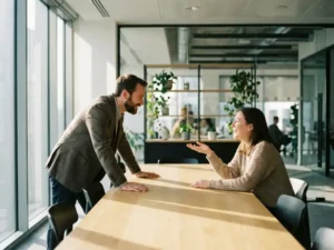 Professionele recruiter en kandidaat in gesprek aan moderne houten vergadertafel tijdens sollicitatiegesprek