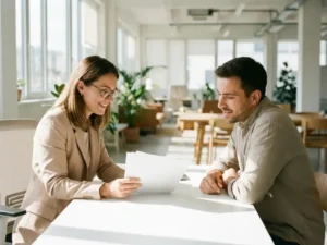 Recruiter en kandidaat in gesprek aan witte bureau in moderne kantooromgeving met natuurlijk licht