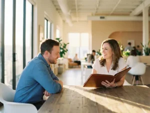 Professionele recruiter in gesprek met kandidaat aan moderne houten vergadertafel in licht kantoor met natuurlijk zonlicht