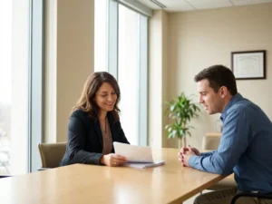 Recruiter en kandidaat in gesprek aan houten tafel tijdens sollicitatiegesprek in modern kantoor met natuurlijk licht