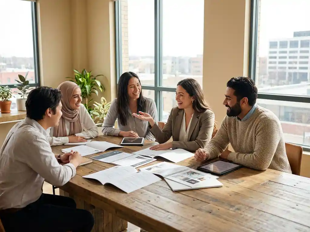 Vier professionals bespreken cv's en portfolio's rond houten vergadertafel in modern kantoor met natuurlijk licht