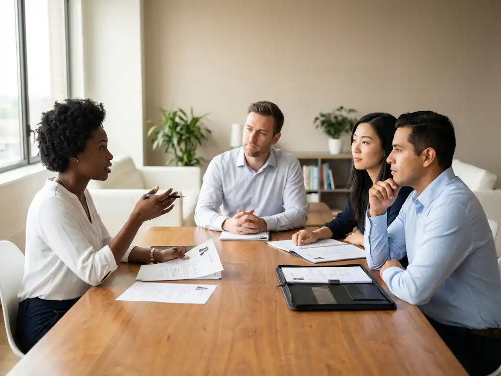 Vier diverse professionals bespreken cv's en portfolio's rond houten vergadertafel in modern kantoor met natuurlijk licht