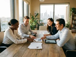 Vier diverse professionals bespreken kandidaatprofielen rond houten vergadertafel in modern kantoor met natuurlijk licht
