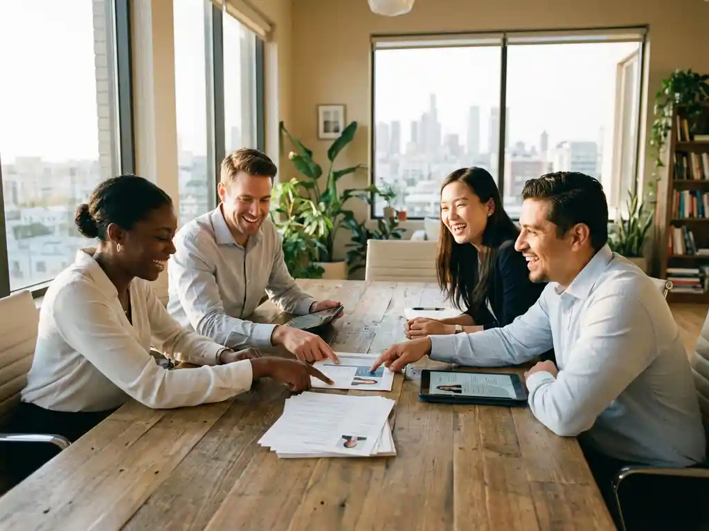 Vier diverse professionals bespreken kandidaatprofielen rond houten vergadertafel in modern kantoor met natuurlijk licht