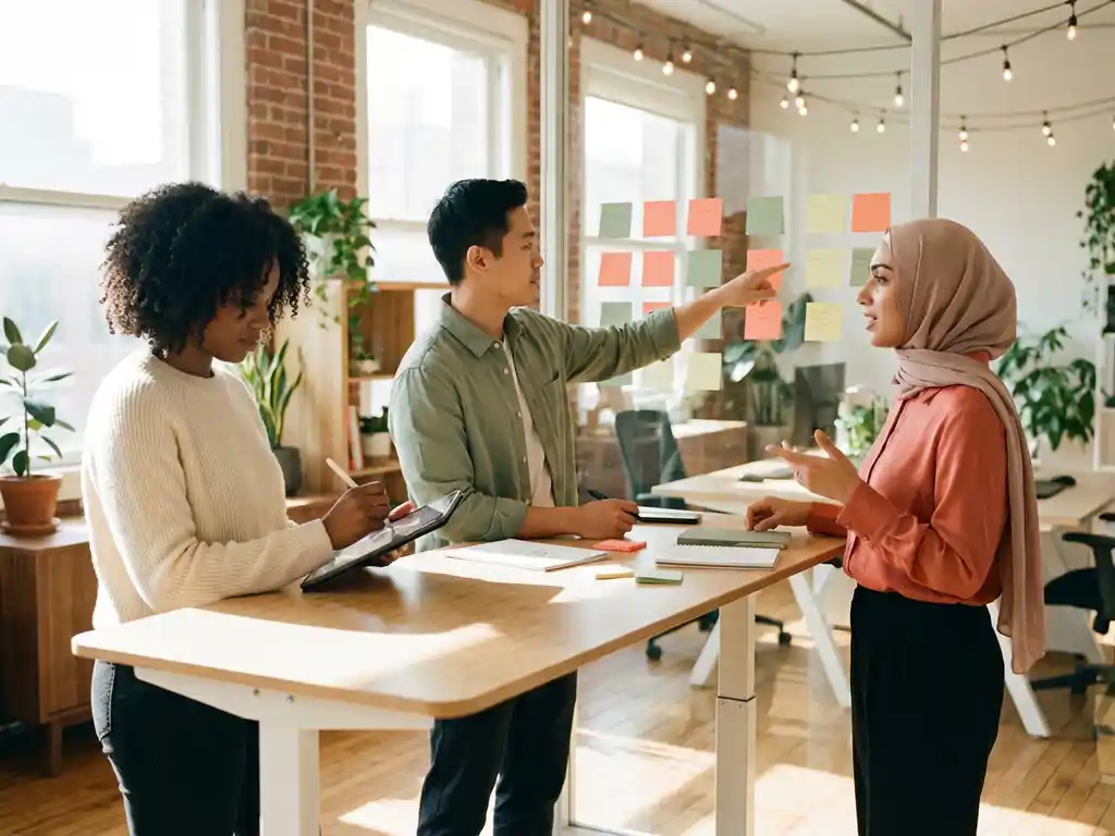 Drie jonge professionals brainstormen samen rond een staand bureau, één persoon tekent merkconcepten op tablet terwijl anderen kleurrijke sticky notes bekijken