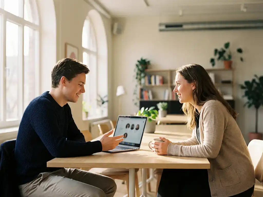 Jonge startup-oprichter en HR-specialist bespreken kandidaatprofielen op laptop aan houten tafel in modern kantoor
