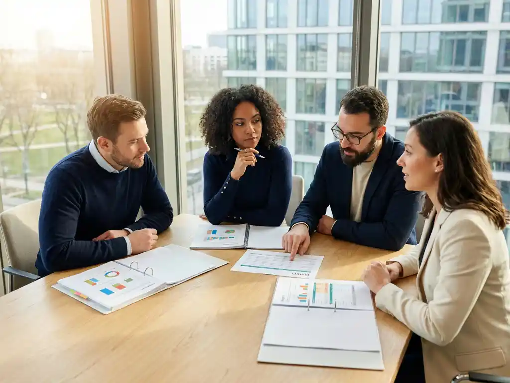Drie professionals bespreken strategiedocumenten en grafieken rond moderne vergadertafel bij natuurlijk licht