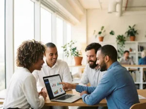 Drie professionals bespreken kleurrijke datavisualisaties op laptop in modern kantoor met grote ramen en natuurlijk licht