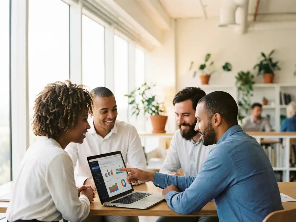 Drie professionals bespreken kleurrijke datavisualisaties op laptop in modern kantoor met grote ramen en natuurlijk licht