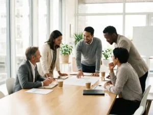 Diverse professionals samenwerken rond moderne vergadertafel, documenten bespreken in natuurlijk licht