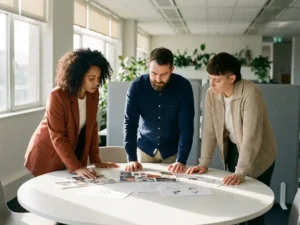 Drie professionals bespreken brandmaterialen aan witte vergadertafel in modern kantoor met natuurlijk licht