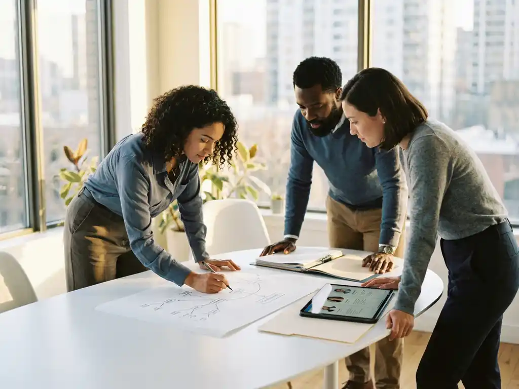 Drie professionals bespreken kandidaatprofielen en organisatieschema's aan witte vergadertafel bij natuurlijk raamlicht