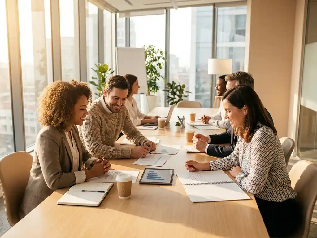 Diverse professionals bespreken groeicijfers rond moderne vergadertafel in licht kantoor met natuurlijke verlichting