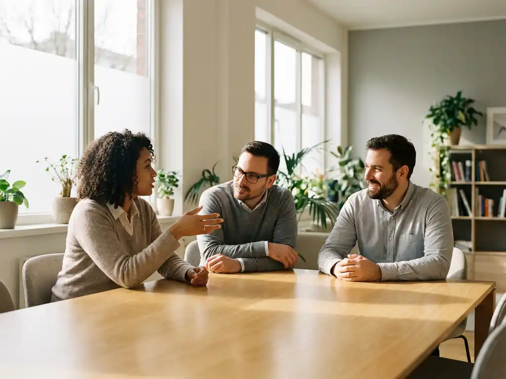 Drie professionals in gesprek rond moderne vergadertafel in licht kantoor met planten op achtergrond