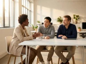 Drie professionals in levendige discussie rond witte vergadertafel in modern kantoor met natuurlijk licht