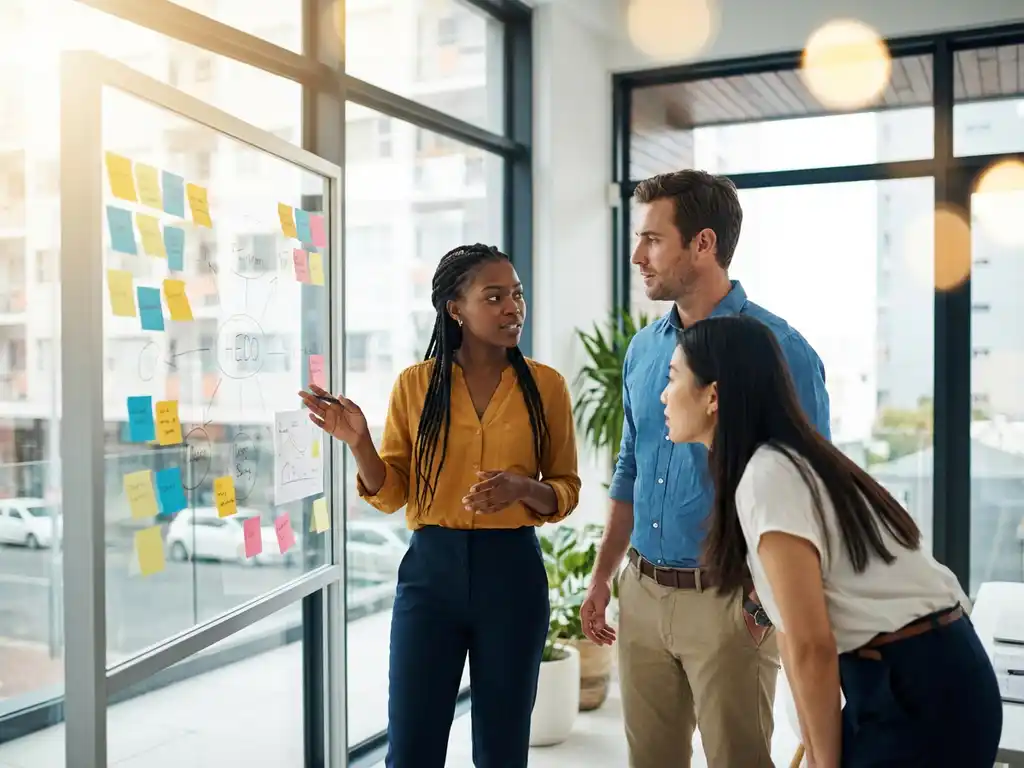 Drie professionals bespreken ideeën bij een whiteboard vol kleurrijke notities in een moderne kantoorruimte met natuurlijk licht