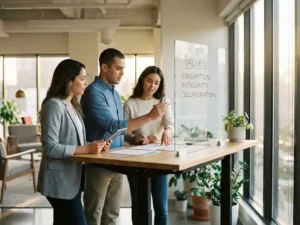 Drie professionals werken samen rond een sta-bureau, één persoon schrijft bedrijfswaarden op whiteboard in moderne kantoorruimte