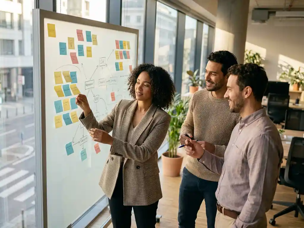 Drie professionals werken samen rond een whiteboard met kleurrijke sticky notes in een modern kantoor met grote ramen