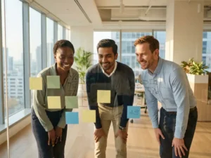 Drie professionals brainstormen samen bij een modern whiteboard met gekleurde notities in een licht kantoor