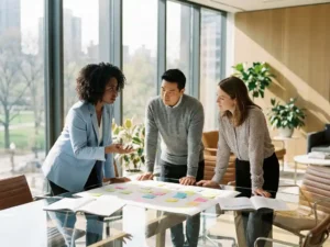 Drie professionals bespreken strategie met gekleurde sticky notes rond glazen vergadertafel in modern kantoor