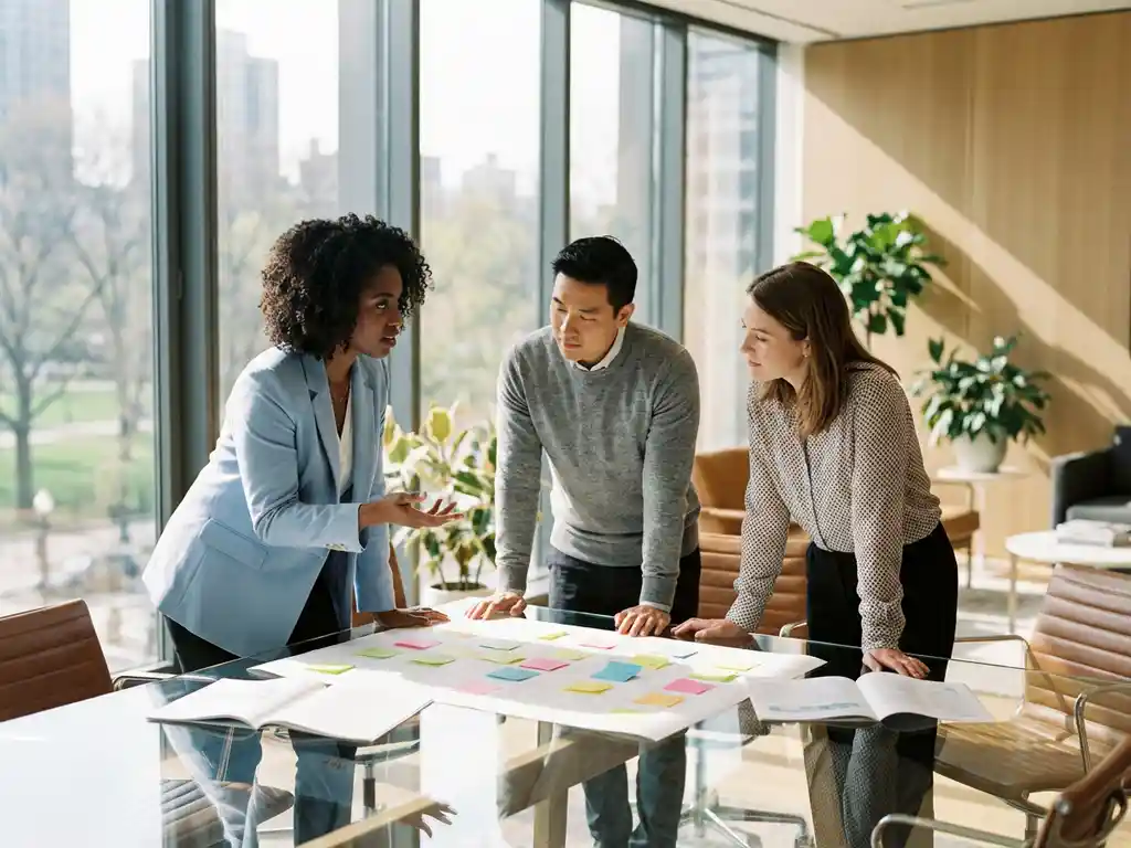 Drie professionals bespreken strategie met gekleurde sticky notes rond glazen vergadertafel in modern kantoor
