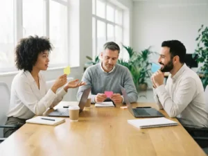 Drie professionals in gesprek rond eiken vergadertafel met gekleurde sticky notes in moderne kantooromgeving