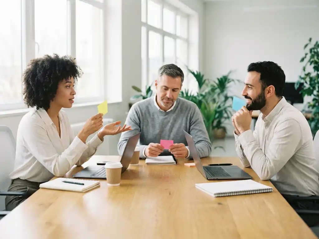 Drie professionals in gesprek rond eiken vergadertafel met gekleurde sticky notes in moderne kantooromgeving