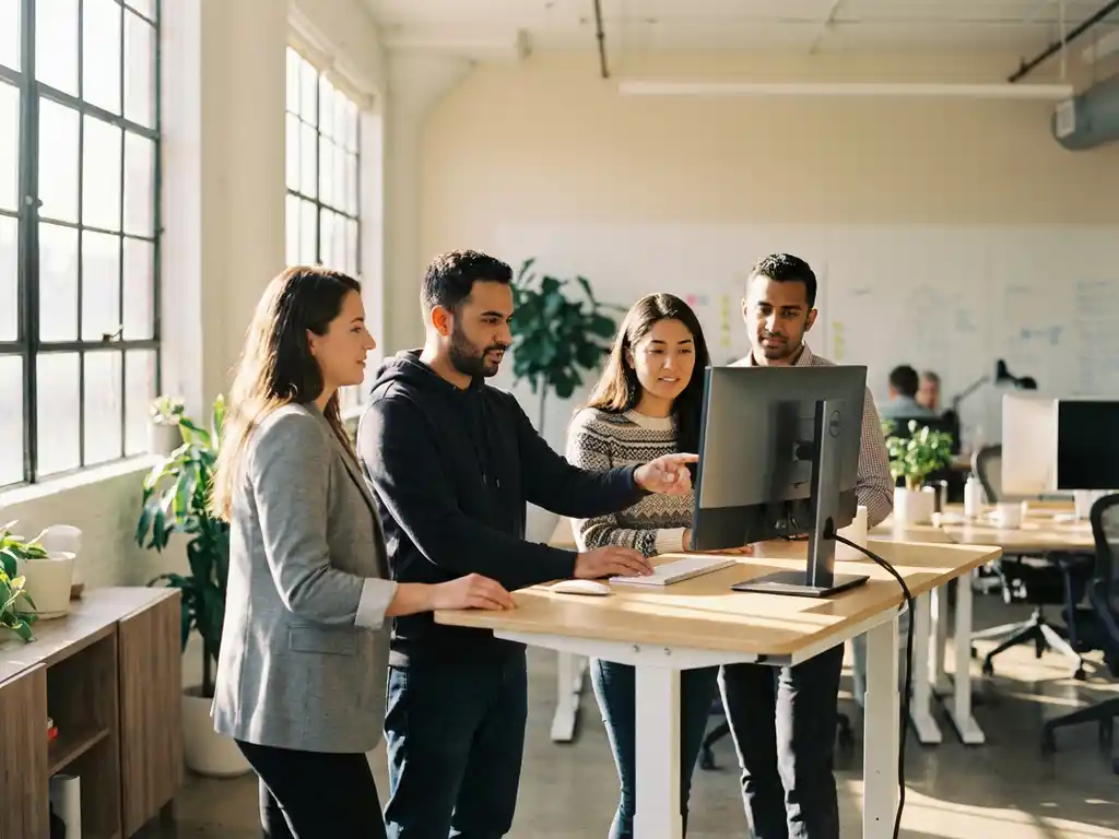 Vier diverse techprofessionals werken samen rond een staand bureau in een licht kantoor met natuurlijk zonlicht