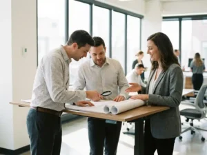 Technisch professional bestudeert bouwkundige tekeningen aan staand bureau terwijl recruiter adviseert in modern kantoor