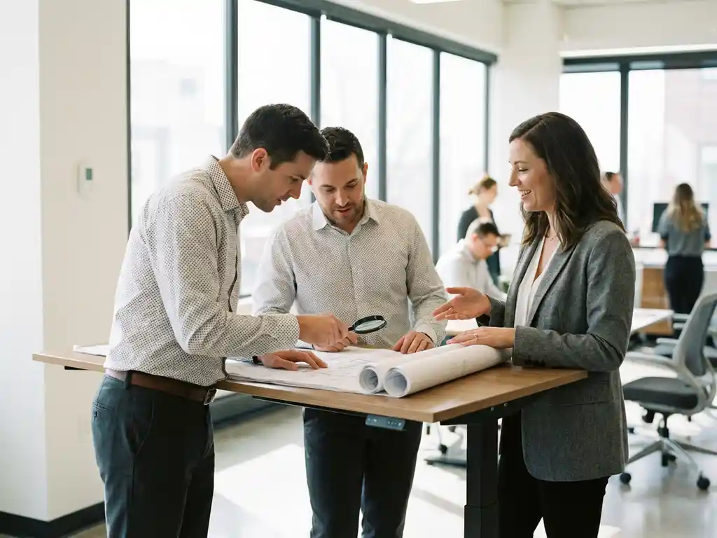 Technisch professional bestudeert bouwkundige tekeningen aan staand bureau terwijl recruiter adviseert in modern kantoor