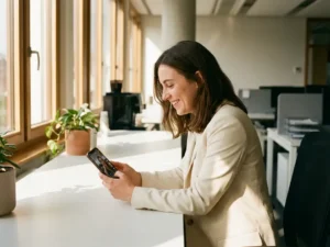 Jonge professionele vrouw scrollt glimlachend door TikTok op smartphone aan modern kantoorbureau bij raam