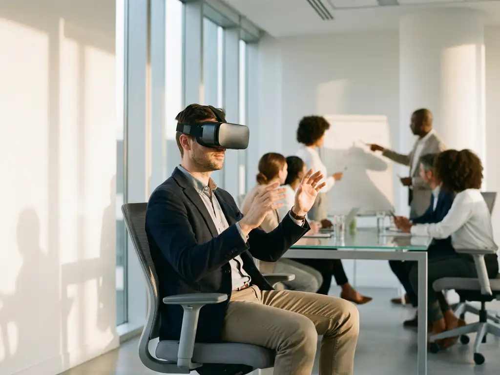 Professionele werknemer met VR-headset ervaart virtuele werkruimte in modern kantoor met collega's op achtergrond
