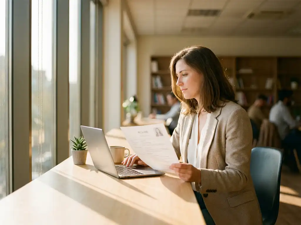 Professionele vrouw bekijkt laptop en cv aan modern bureau met zonlicht en succulent plant