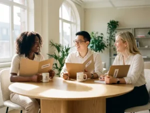 Drie diverse professionals aan houten conferentietafel met gepersonaliseerde welkomstpakketten en naamfolders