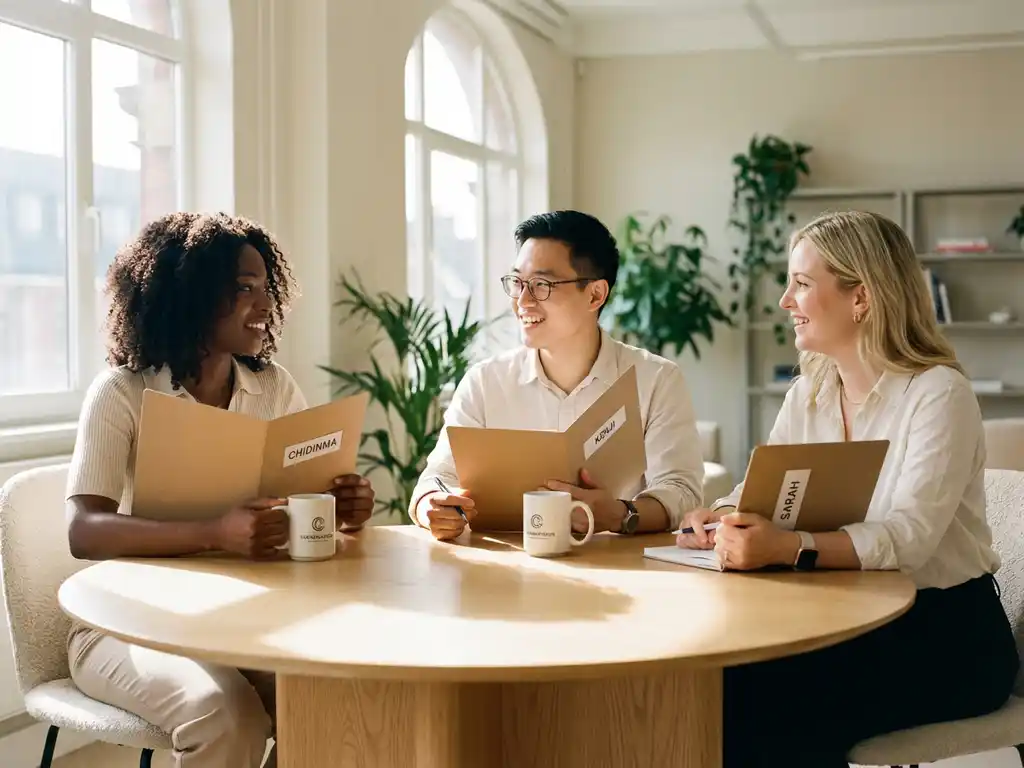 Drie diverse professionals aan houten conferentietafel met gepersonaliseerde welkomstpakketten en naamfolders