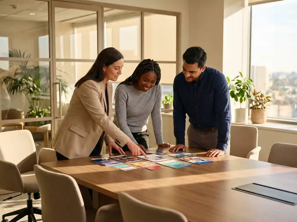 Drie recruitmentprofessionals bespreken kleurrijke employer branding materialen aan moderne vergadertafel in licht kantoor