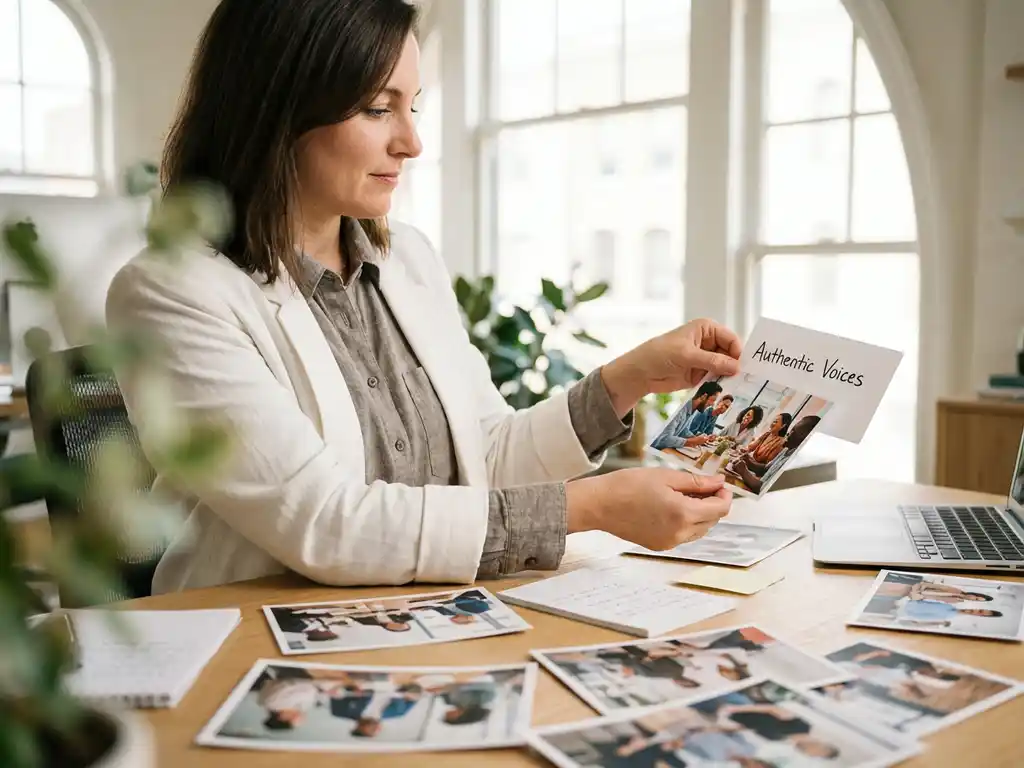 Employer branding specialist organiseert bedrijfscultuur foto's en werknemersgetuigenissen op modern bureau bij raam
