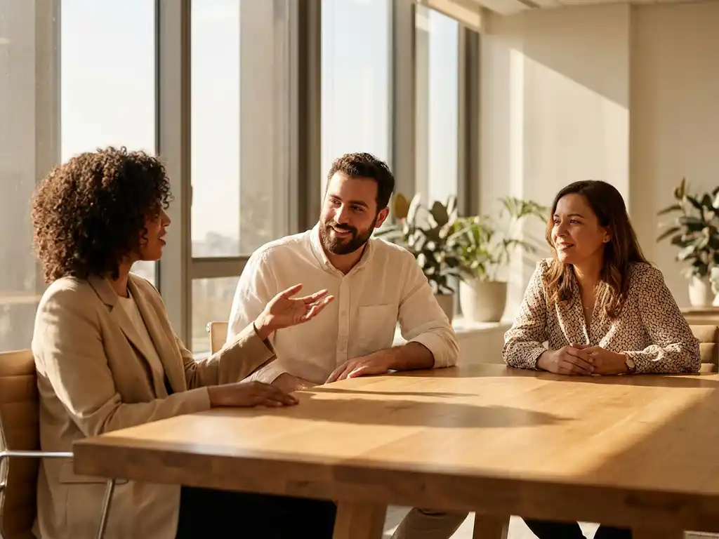 Diverse werknemers in gesprek aan houten vergadertafel met natuurlijk licht door grote ramen