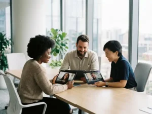 Drie professionals bekijken employee testimonial video's op tablets rond moderne vergadertafel in licht kantoor