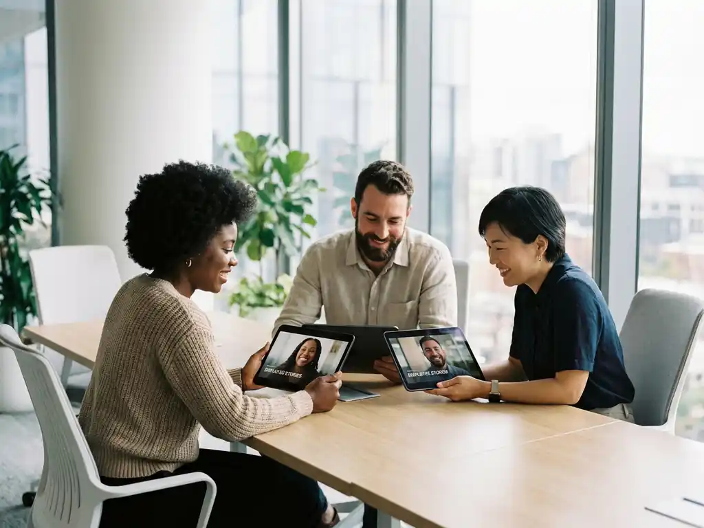 Drie professionals bekijken employee testimonial video's op tablets rond moderne vergadertafel in licht kantoor