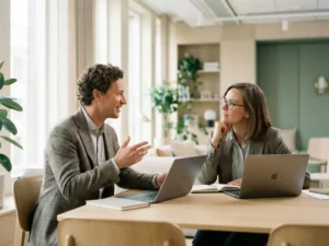 Twee collega's in gesprek aan houten tafel in modern Nederlands kantoor met laptops en natuurlijk licht