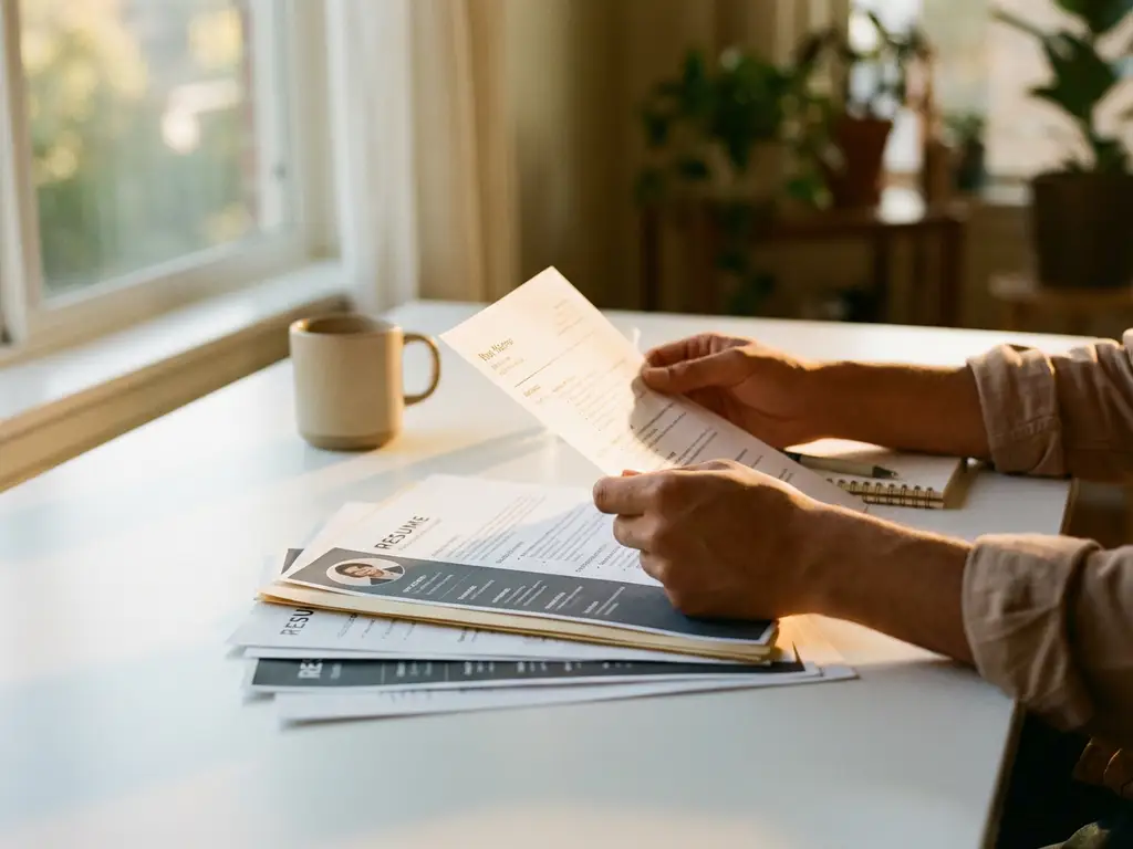 Wervingsmanager bestudeert stapel cv's op wit bureau met koffiekop en notitieblok, natuurlijk licht door raam