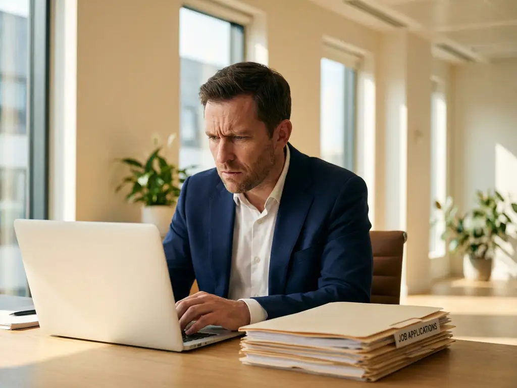 Gefrustreerde HR-manager in marineblauw jasje staart naar leeg laptopscherm met stapel sollicitatiebrieven op bureau