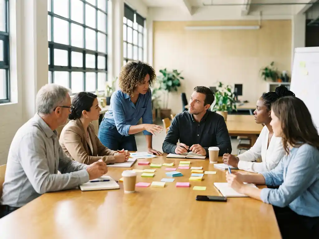 Diverse professionals in interactieve workshop rond houten vergadertafel, met sticky notes en notitieblokken in modern kantoor