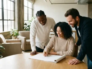 Drie diverse professionals werken samen rond houten vergadertafel, vrouw schetst concepten terwijl collega's geïnteresseerd toekijken