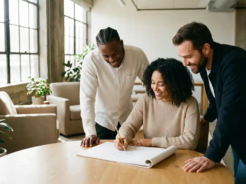 Drie diverse professionals werken samen rond houten vergadertafel, vrouw schetst concepten terwijl collega's geïnteresseerd toekijken