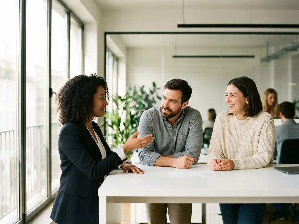 Drie professionals in gesprek rond moderne witte bureau in kantoor met natuurlijk licht door grote ramen
