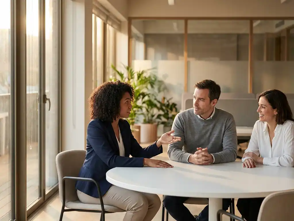 Drie diverse zakelijke professionals in gesprek rond witte vergadertafel, vrouw met krullend haar gebaart terwijl collega's aandachtig luisteren in modern kantoor