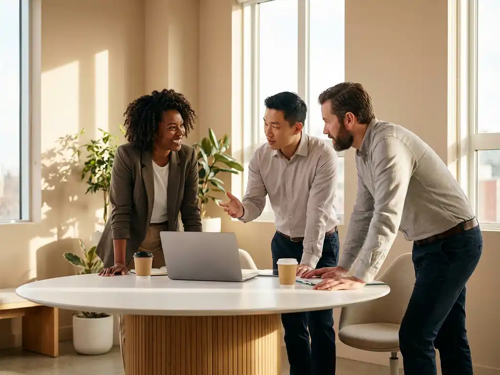 Drie diverse professionals in gesprek rond witte vergadertafel in moderne kantooromgeving met natuurlijk licht